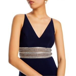 Aqua Navy Blue Maxi Dress with Embellished Waist.